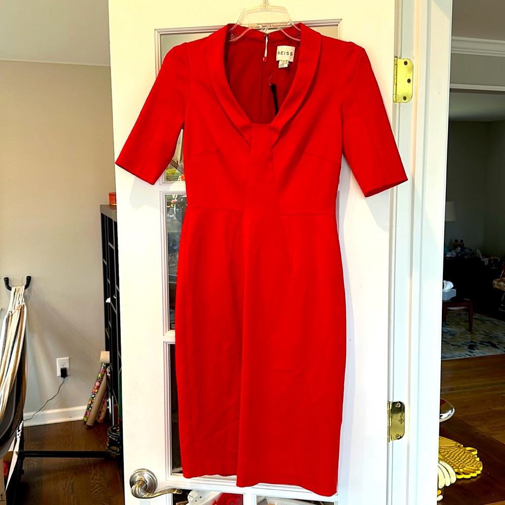REISS Red Sheath Midi Dress with sleeves